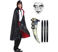 Ecloud Shop Capa con Capucha de Vampiro Disfraz de Capa de Demonio Rojo Negro para Disfraces de Halloween Cosplay Fiesta de Carnaval con Hoz de la Parca - 130cm