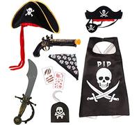 Ecloud Shop - Juego de disfraces de pirata, capa, sombrero, pirata, bandana, parche en el ojo con máscara de fieltro, pirata cosplay para niños, para Halloween (7 piezas)