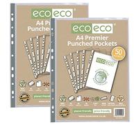 eco-eco A4 100% reciclado Premier Multi bolsillos perforados vidrio transparente, protector de hoja de poli transparente, 90 micras, 100 carteras (2 paquetes de 50), eco108 x 2