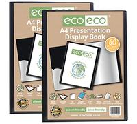 eco-eco Eco020x2 - Carpeta de presentación de tamaño A4, 50% reciclado, 60 bolsillos, color negro, estuche de almacenamiento, carpeta de arte con fundas de plástico, paquete de 2 unidades