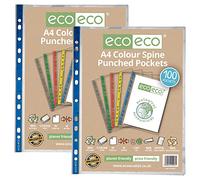 eco-eco eco093x2 - Protector de hojas A4 100% reciclado de color con lomo multiperforado, transparente, 45 micras (2 paquetes de 100 carteras)