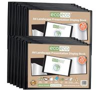 eco-eco Eco095x12 - Libro de presentación de paisaje negro con 20 bolsillos, tamaño A4, 50% reciclado, carpeta de arte con fundas de plástico, paquete de 12 unidades, color negro