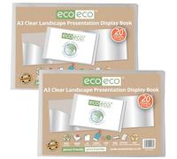 eco-eco Eco176x2 - Libro de presentación de paisaje transparente A3 50% reciclado, 20 bolsillos, estuche de almacenamiento, carpeta de arte con fundas de plástico, paquete de 2