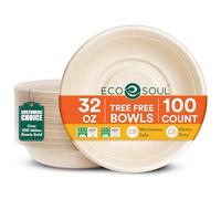 ECO SOUL Cuencos de sopa 100% compostables de 32 onzas [paquete de 100] cuencos desechables resistentes, cuenco de papel resistente, cuenco de ensalada ecológico, cuencos grandes biodegradables