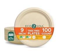 ECO SOUL Platos de papel compostables de 9 pulgadas, paquete de 100 platos de papel desechables resistentes, bagazo natural, resistentes a fugas, aptos para microondas, platos redondos ecológicos para