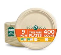ECO SOUL Platos de papel compostables de 9 pulgadas, paquete de 400 platos de papel desechables resistentes, bagazo natural, resistentes a fugas, aptos para microondas, platos redondos ecológicos para