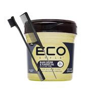 Eco Style - Gel de peinado de aceite de ricino negro y linaza de 8 onzas con peine de cola y cepillo de borde, máxima sujeción y brillo, gel fortalecedor e hidratante para todo tipo de cabello.