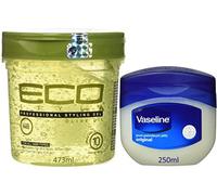 Eco Style y Vaselina - Gel para peinar con aceite de oliva, fijación durante todo el día, sin alcohol, sin parabenos, sin sulfatos, sin descamación, 473 ml + Vaselina de 250 ml
