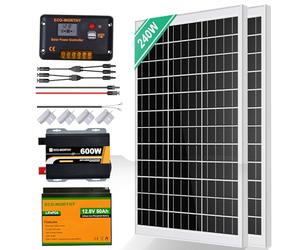 ECO-WORTHY 240W Sistema solar kit completo para autocaravanas: 2 * 120W módulos solares + 30A regulador de carg 1 * 50AH batería de litio+ 600W inversor de onda sinusoidal