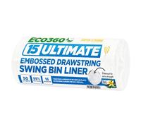 EcoBag - Paquete de 15 bolsas de basura con cordón para cocina con cordón en relieve - 50 L - 16 micras - 98% reciclado, ecológico, eliminación de residuos sin complicaciones (580 x 820 mm)