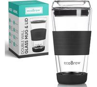 ecoBrew Vaso de vidrio de doble pared de 16 onzas con tapa, taza de viaje de vidrio, apta para lavavajillas y microondas, vaso de café transparente para llevar, taza de cerámica reutilizable con tapa,