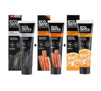 Ecodenta Black Whitening - Juego de 3 pastas dentales blanqueadoras de carbón negro, 100 ml, pasta de dientes blanqueadora con canela negra, 100 ml, pasta de dientes blanqueadora con sabor a naranja,