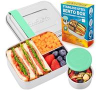 EcoEarth - Caja Bento de acero inoxidable - Juego de 4, 800 ml, Verde - Loncheras Herméticas para Niños y Adultos con 3 Compartimentos - Recipientes Pequeños de Lata con Vasitos para Condimentos