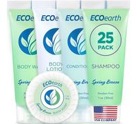 EcoEarth Paquete de artículos de tocador sanitarios (brisa de primavera, 1 onza cada uno, 125 piezas) Juego de 5 piezas: 25 barras redondas de jabón, champú, acondicionador, loción corporal y gel de
