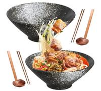 Ecofocet 2 Juegos Tazón de Ramen Japonés con Palillos y Cuchara, 2 x 1000ml Tazón de Sopa de Ramen Japonés de Porcelana, Grandes Ensaladera para Ensalada Frutas, Fideos, cereales, sopa (Blanco)