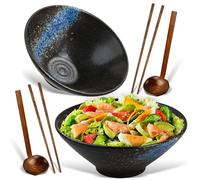 Ecofocet 2 Juegos Tazón de Ramen Japonés con Palillos y Cuchara, 2 x 1000ml Tazón de Sopa de Ramen Japonés de Porcelana, Grandes Ensaladera para Ensalada Frutas, Fideos, cereales, sopa (Azul-B)