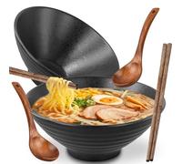 Ecofocet 2 Juegos Tazón de Ramen Japonés con Palillos y Cuchara, 2 x 1000ml Tazón de Sopa de Ramen Japonés de Porcelana, Grandes Ensaladera para Ensalada Frutas, Fideos, cereales, sopa (Negro)