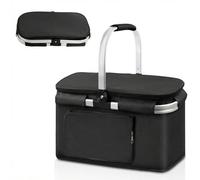 Ecofocet 25L Cesta de Picnic Plegable, Cesta de la Compra Plegable, Cesta Térmica con Tapa, Grande Bolsa Térmica con Marco y Asa de Aluminio, para Compras, Picnic y Camping, 41×25×24 cm (Schwarz)