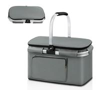 Ecofocet 25L Cesta de Picnic Plegable, Cesta de la Compra Plegable, Cesta Térmica con Tapa, Grande Bolsa Térmica con Marco y Asa de Aluminio, para Compras, Picnic y Camping, 41×25×24 cm (Grau)