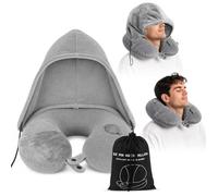Ecofocet Almohada de Viaje para Cuello, Almohada Viaje Hinchable, Comfy Cojín Cuello Viaje con Capucha Extraíble, Funda de Terciopelo Lavable, Cojin Cervical para Avión Coche Tren Oficina (U-Shape)