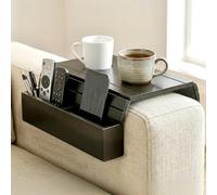 Ecofocet Bandeja para Reposabrazos de Sofá de Bambú, Bandeja para Sofa Antideslizante con Posavasos y Compartimentos, Mesa Sofa Plegable, Organizador para Teléfono Mandos y Bebidas, 42*32 cm (Negro)