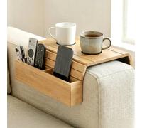 Ecofocet Bandeja para Reposabrazos de Sofá de Bambú, Bandeja para Sofa Antideslizante con Posavasos y Compartimentos, Mesa Sofa Plegable, Organizador para Teléfono Mandos y Bebidas, 42*32 cm (Natural)