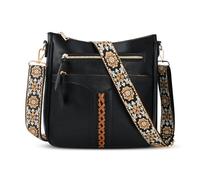Ecofocet Bolso Bandolera de Mujer, Bolsos Bandolera Mujer piel, Bolso Bandolera Mediano de Cuero PU, Bolso Hombro Retro con Bandolera Ancha de Jacquard para Diario Trabajo Viaje Compras (Negro)