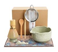 Ecofocet Kit Matcha 8 Piezas, Set Ceremonia Té Japonés con Cuenco 550ml, Batidor, Soporte Chasen, Cuchara Chashaku, Porta Cuchara, Colador y Paño
