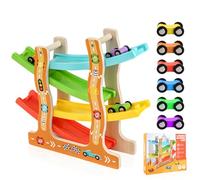 Ecofocet Pista de Coches de Madera con 6 Mini Coches Coloridos, Juego Educativo Montessori para Niños 1 2 3 Años, Rampa Zigzag y Carreras, Juguetes de Madera para Bebés