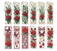 EcoGleam 12 piezas de flores de rosas DIY pintura de diamantes marcapáginas para adultos, amantes de los libros, regalos