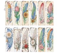 EcoGleam 12 piezas de plumas para manualidades con pintura de diamantes, marcapáginas con colgante de cristal para lectores