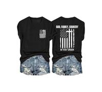 EcoGleam Camiseta de manga corta para mujer con estampado cruzado de manga corta con estampado de texto "God Family Country in That Order Faith", Negro , S