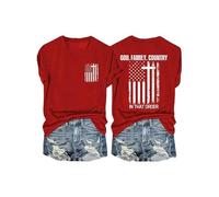 EcoGleam Camiseta de manga corta para mujer con estampado cruzado de manga corta con estampado de texto "God Family Country in That Order Faith", rojo, S