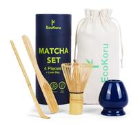 EcoKoru Set Té Matcha | Kit Tradicional 4 Piezas con Batidor de Bambú Natural (100 Puntas), Soporte Cerámico Azul Marino, Chashaku, Espátula y Bolsa de Lino Ecológica