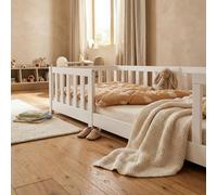 ecomi® Cama para niños 90x200 con protección contra caídas y somier, cama de suelo para niños, camas para niños para niñas y niños, de madera maciza de pino en blanco