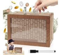 Economy Box - Hucha de madera para 10.000 euros con números y cuadros, reutilizable, con objetivo, hucha retro con contador, hucha con bolígrafo, ayuda para ahorrar dinero digital de madera
