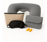 econuk - Almohada Viaje Hinchable con Neceser, Antifaz, Tapones y Bolsa | Cojín Cervical Ergonómico para Avión y Coche | Compacta, Ligera y Suave (Gris)