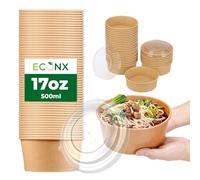 ECONX Cuencos de papel kraft para ensalada de 500 ml con tapas, 20 cuencos desechables para llevar, recipientes de ensalada para alimentos fríos y calientes, recipientes de sopa a prueba de fugas para