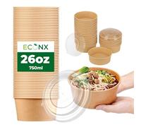 ECONX Cuencos de papel kraft para ensalada de 750 ml con tapas, 20 cuencos desechables para llevar, recipientes de ensalada para alimentos fríos y calientes, recipientes de sopa a prueba de fugas para