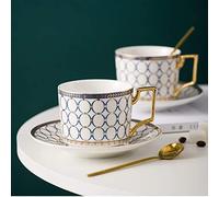 Ecoodisk Conjunto de la Copa de Europa y el platillo, Copa de Platino Fina de 6.8 oz de China Fina, Cuchara de Oro, Taza, Capuchino, café con Leche, Moca, café Espresso, diseño Moderno. (Blanco)