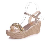 Ecoodisk Nuevas sandalias de cuña para mujer, sandalias de plataforma con detalles tachonados, correa de hebilla, puntera abierta, fondo grueso, zapatos casuales para damas-dorado2,37