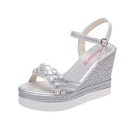 Ecoodisk Sandalias de Cuña para Mujer, Zapatos de Plataforma de Verano, Hebilla de Tacón, Tejido Peep Toe, Casual, Plata, 36