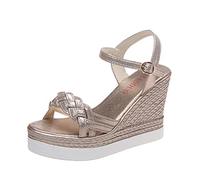 Ecoodisk Sandalias de cuña para mujer, zapatos de plataforma de verano, sandalias de mujer, hebilla de tacón para mujer, tejido de punta abierta, informal, dorado, 36