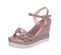 Ecoodisk Sandalias de cuña para mujer, zapatos de plataforma de verano, sandalias de mujer, hebilla de tacón para mujer, tejido de dedo del pie, informal, rosa, 37