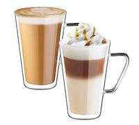 ecooe 2x450ml Tazas de Café de Cristal,Vasos de Doble Pared con Asa,Tazas de Vidrio Borosilicato para Té,Café,Leche,Latte,Macchiato
