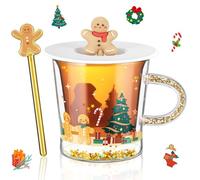 ecooe Dulce jengibre hombre Navidad tazas de café de doble pared 260 ml regalos de Navidad regalos para mujeres, niñas, mamá, tazas de Navidad de cristal con tapa y varilla agitadora para leche Latte