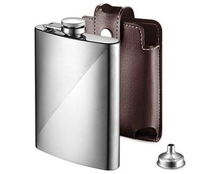 ecooe Frasco de Cadera, Petaca de Acero Inoxidable 227ml / 8oz, Petacas de Bolsillo con Embudo y Bolsa de Cuero Sintético, Frasco de Alcohol Whisky para Barbacoa Viajes Pesca Camping (Marrón)