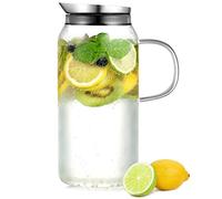 ecooe Jarra de Agua de Cristal 1,5 Litros Jarra de Vidrio con Tapa de Acero Inoxidable Jarra Agua Cristal Transparente Borosilicatado Jarra de Vidrio para Agua Fría/Caliente, Zumo, Leche, Café, Té