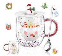 ecooe Muñeco de nieve Taza de Navidad de doble pared Vasos de café 240ml Regalos de Navidad Regalos para mujeres hombres niños Tazas de Navidad de vidrio con tapa Cuchara para cacao caliente Latte