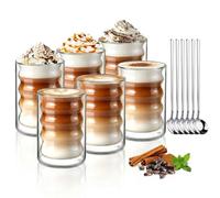 ecooe Taza de Café de Cristal 350ml Vasos de Doble Pared con Cuchara Juego de 6, Tazas de Té para Café, Leche, Latte, Macchiato, Regalo de Cumpleaños Para Padres Amigo